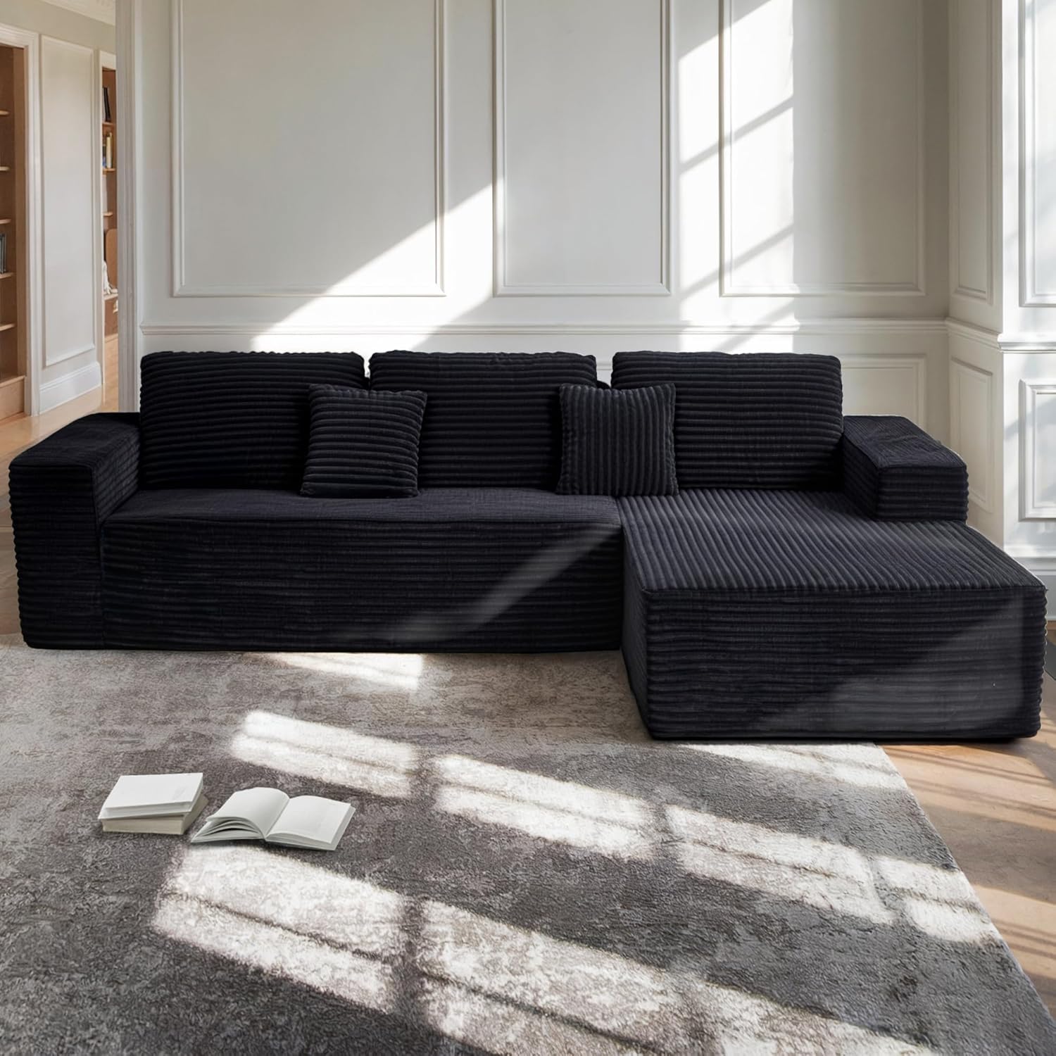 110" Boneless Couch, Cloud Couch Sectional, L-Shape Corduroy Modular Sectional Sofa Deep Seat, Upholstered Couches for Living Room, No Assembly Required