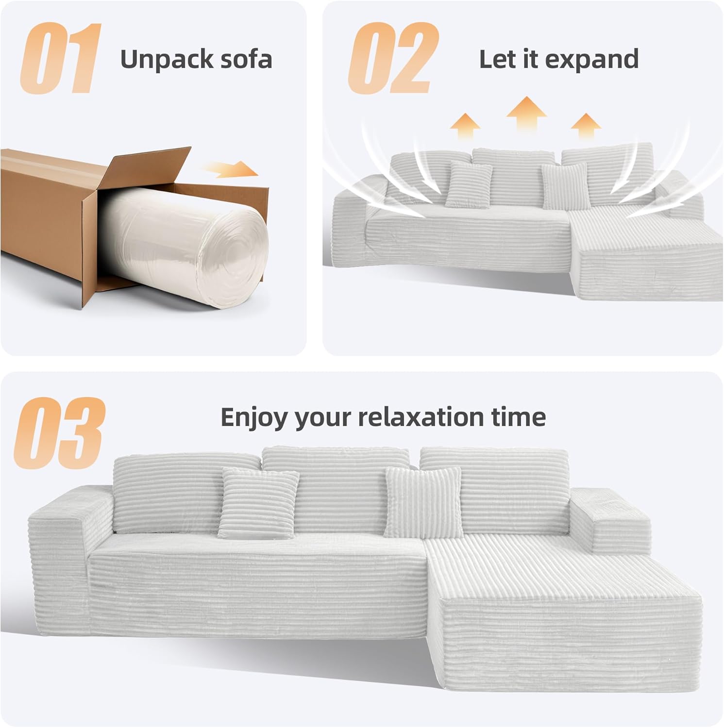 110" Boneless Couch, Cloud Couch Sectional, L-Shape Corduroy Modular Sectional Sofa Deep Seat, Upholstered Couches for Living Room, No Assembly Required