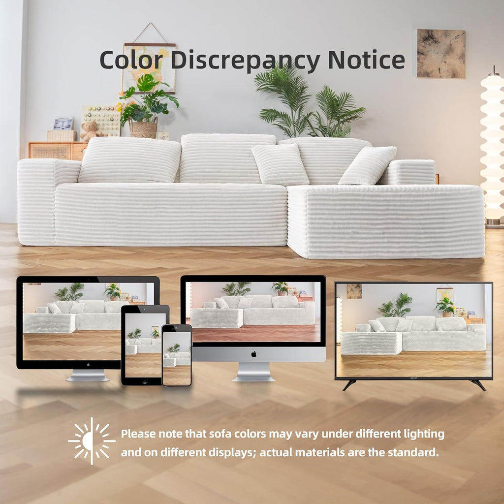 110" Boneless Couch, Cloud Couch Sectional, L-Shape Corduroy Modular Sectional Sofa Deep Seat, Upholstered Couches for Living Room, No Assembly Required