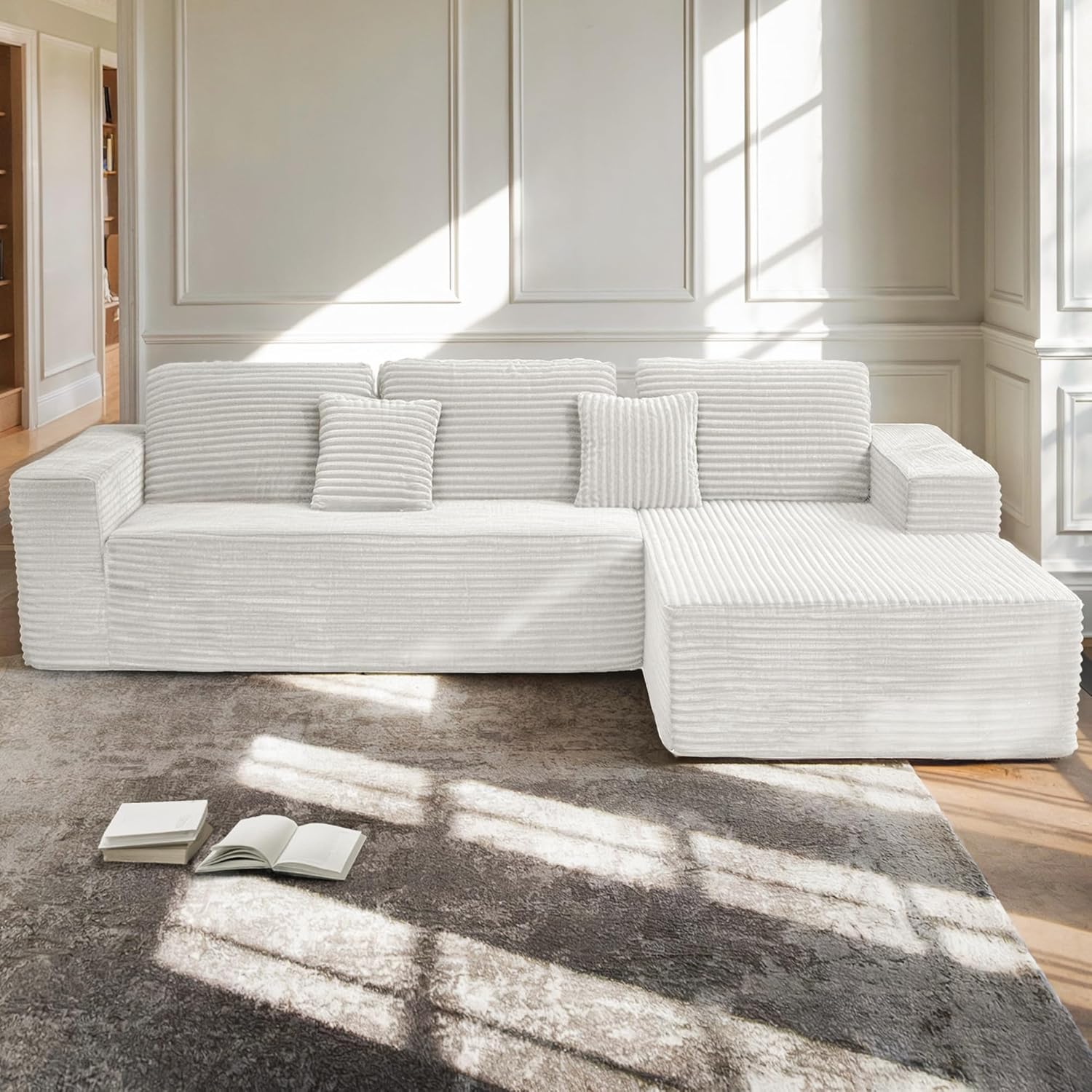 110" Boneless Couch, Cloud Couch Sectional, L-Shape Corduroy Modular Sectional Sofa Deep Seat, Upholstered Couches for Living Room, No Assembly Required