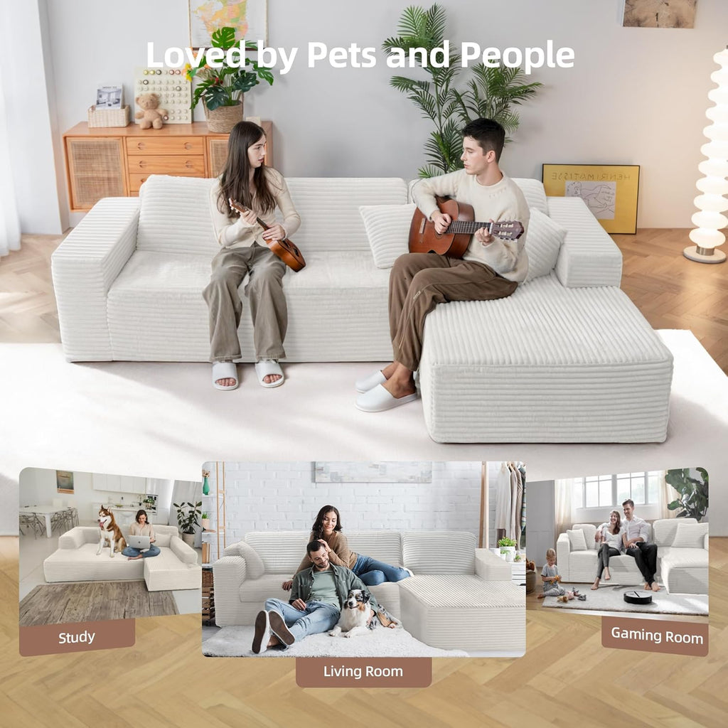 110" Boneless Couch, Cloud Couch Sectional, L-Shape Corduroy Modular Sectional Sofa Deep Seat, Upholstered Couches for Living Room, No Assembly Required