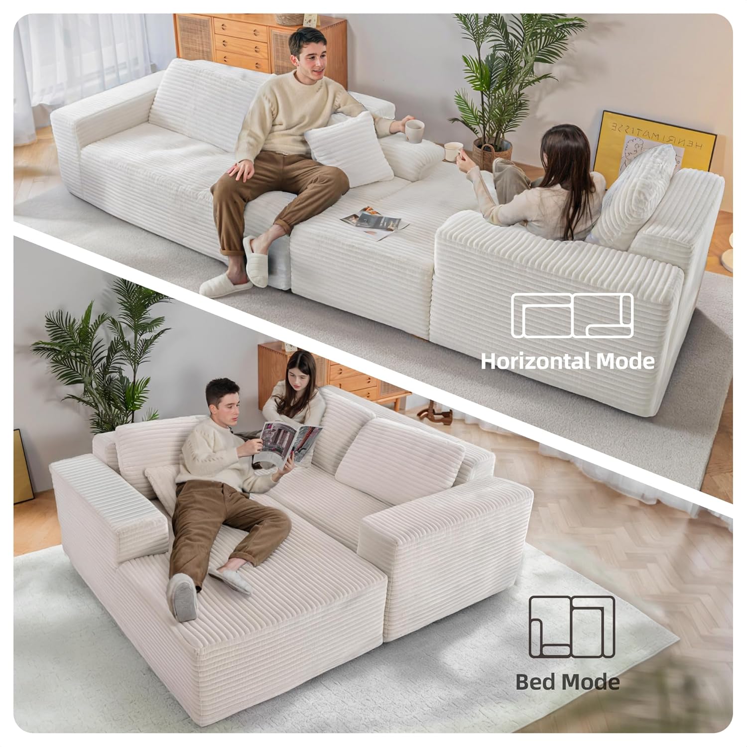 110" Boneless Couch, Cloud Couch Sectional, L-Shape Corduroy Modular Sectional Sofa Deep Seat, Upholstered Couches for Living Room, No Assembly Required