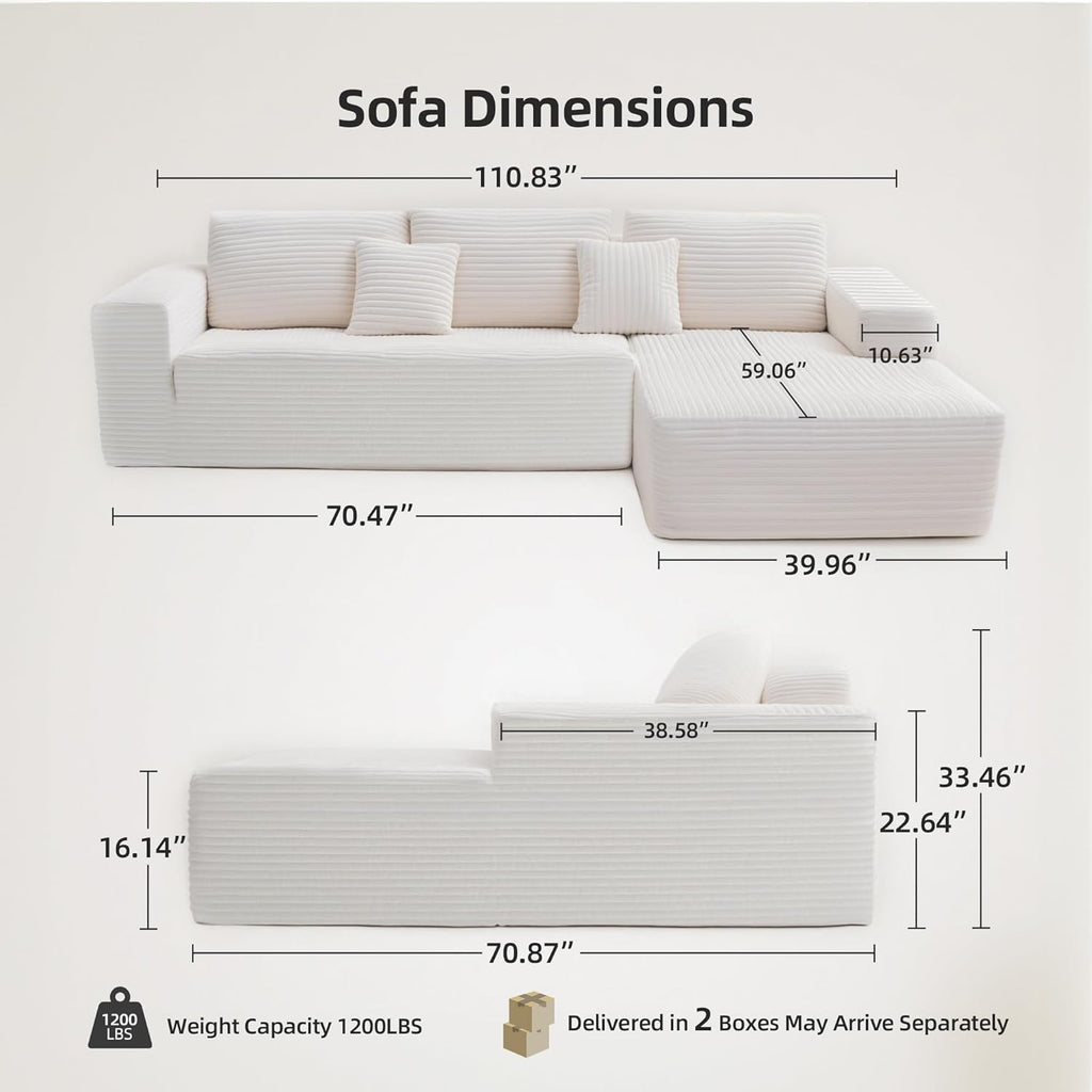 110" Boneless Couch, Cloud Couch Sectional, L-Shape Corduroy Modular Sectional Sofa Deep Seat, Upholstered Couches for Living Room, No Assembly Required